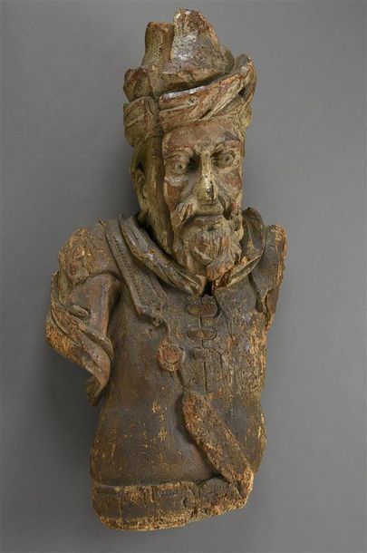 null Important buste de guerrier en bois sculpté en deux parties d'un guerrier barbu...