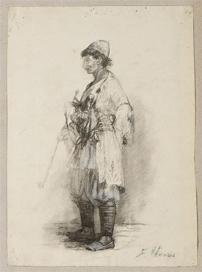Félix THOMAS (1815-1875) Oriental
soldier Charcoal and white chalk highlights on...