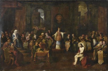 ÉCOLE FLAMANDE du début du XVIIe siècle Jesus' appearance before Caiaphas
Oil on...