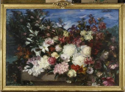 Jacques MARTIN (1844-1919) Fleurs sur un entablement
Huile sur panneau, signée en...