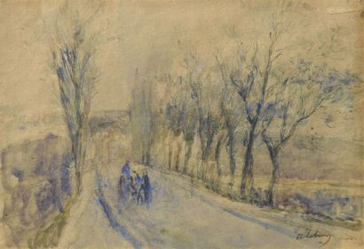 ALBERT LEBOURG (1849-1928) Cariole sur un chemin
Aquarelle, mine graphite et rehauts...