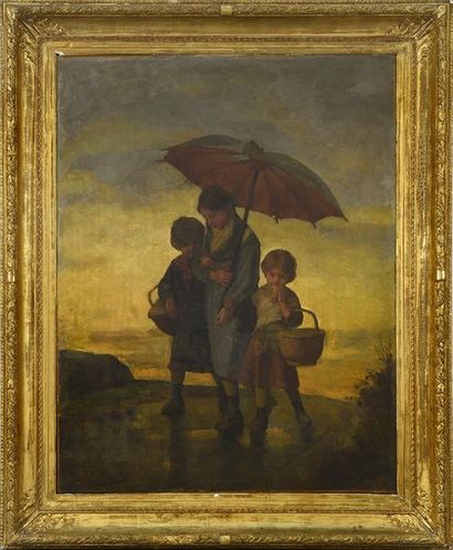 Edouard d'APVRIL (1843-1928) L'averse
Oil on canvas, signed below left
H. 119 cm...