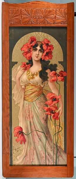 Mary GOLAY (1869-1944) Young woman with poppy flowers Chromolithographic
panel.
H....