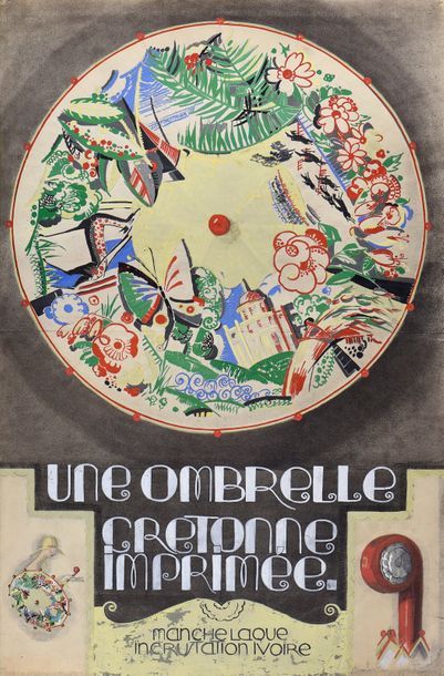 École française du début du XXe siècle Ombrelle cretonne imprimée
Projet d'ombrelle
Aquarelle,...