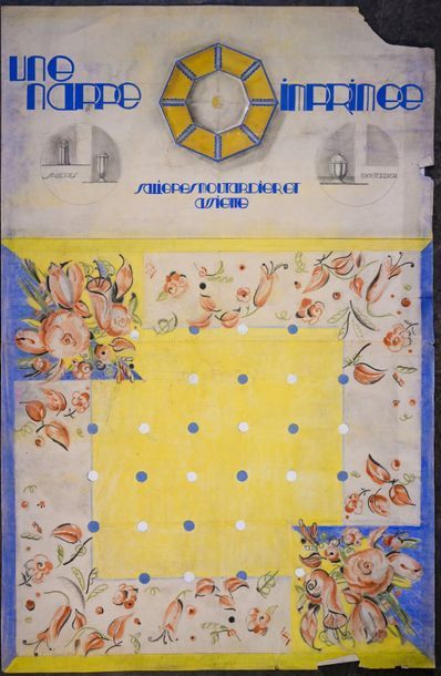 École française du début du XXe siècle Project of printed tablecloth and a salt shaker...