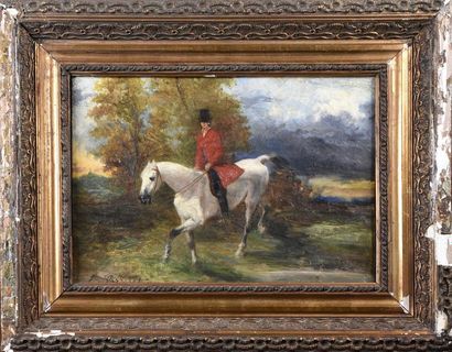 null Emile BRISSET (XIXe siècle) Cavalier à la redingote rouge sur son cheval blanc...