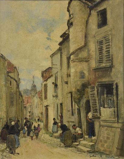 null Jules René HERVÉ (1887-1981) Rue populaire animée Huile sur toile signée en...