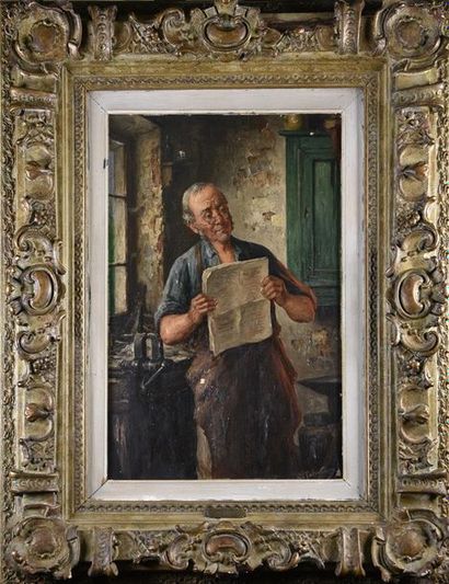 null R JOLIVET (Début du XXe siècle) Homme lisant le journal dans son atelier Huile...