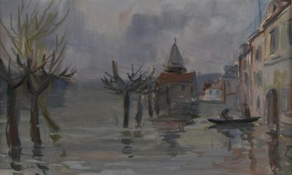 null Guy LAMY (1914-2000) Inondation à la Frette Gouache aquarellée, signée, située...