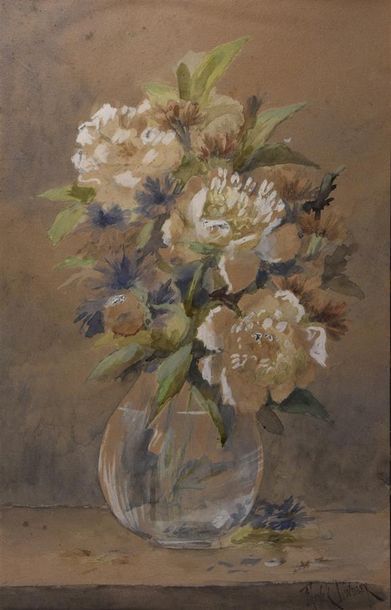 null Franck LINDLEY ( XIXe-XXe siècles) Bouquet de pivoine et bouquet de chrysanthèmes...