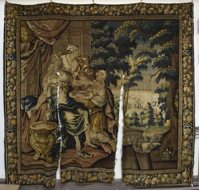 null AUBUSSON Large tapestry decorated on the steps of a palace, of a young woman...