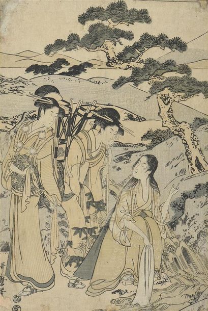 null Kitagawa UTAMARO II (1753-1806) Oban tate-e à sujet de trois Geishas Tirage...