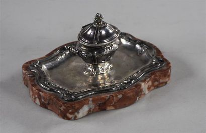 null Inkwell on silver pedestal, presented on a tray fixed on a marble plate with...