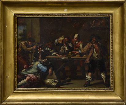 null Dutch school in the taste of the 17th century Tavern scene Oil on slate H. 26...