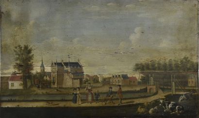 null 18th century FLAMID school Family in front of a town in Flanders Oil on panel...