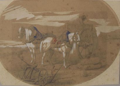 null 19th century FRENCH school La charette Enhanced pencil drawing, dated 1850 and...