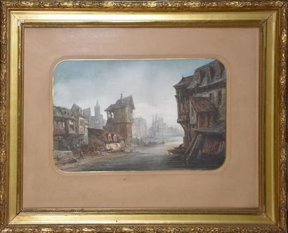 null NORTHERN school of the 19th century River city Gouached-watercolour signed below...