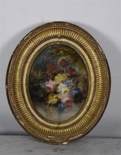 null Georges CHONÉ (1819-?) Flowers Oil on cardboard with oval view, signed below...