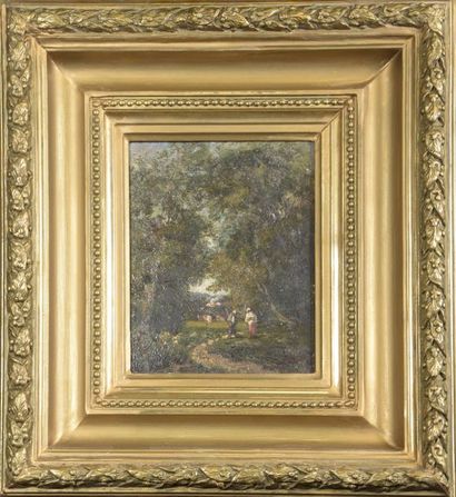null 19th century FRENCH school Pair of landscapes animated by couples Oils on panel,...