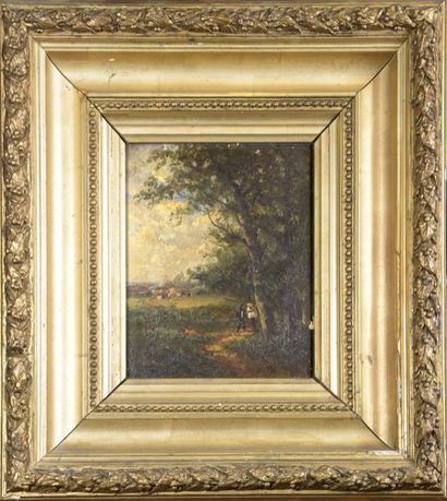 null 19th century FRENCH school Pair of landscapes animated by couples Oils on panel,...