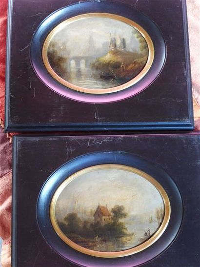 null Dutch school of the 19th century Animated landscapes Two oils on cardboard with...