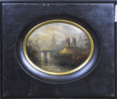 null Dutch school of the 19th century Animated landscapes Two oils on cardboard with...