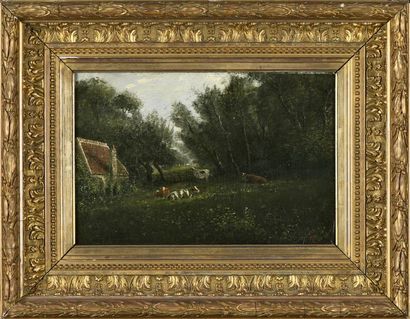 null Barbizon School, late 19th century Animated wooden landscapes Two oils on canvas,...