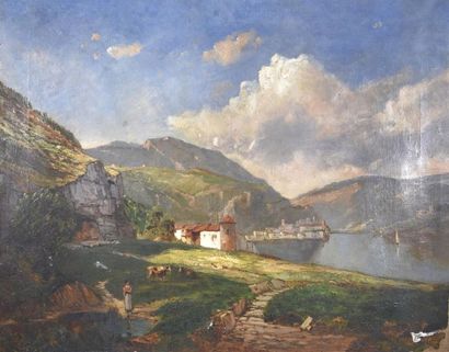 null Charles MONTLEVAULT (c.1835-1897) Mounting landscape at Lake Huile sur toile...