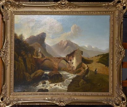 null 19th century FRENCH school - PR*** Bridge in a mountain village Oil on canvas...