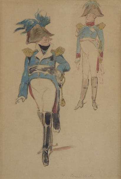 null 20th century FRENCH school Two grenadiers in uniform Watercolour, signed illegible...