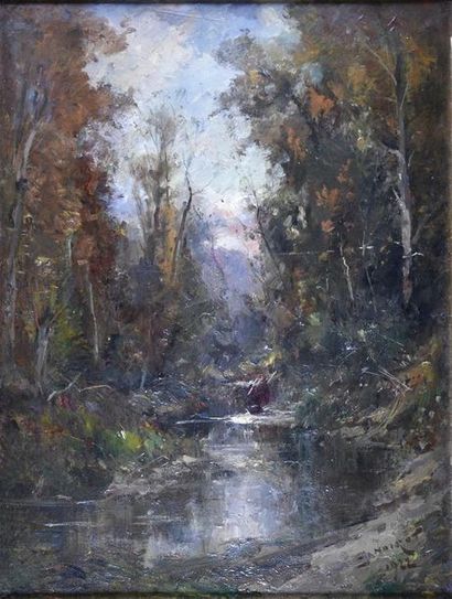 null Émile NOIROT (1853-1924) Paysage de sous bois à la rivière Huile sur toile signée...