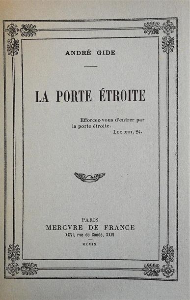 null GIDE (André). LA PORTE ETROITE. Paris, Mercure de France, 1909. In-12, maroquin...
