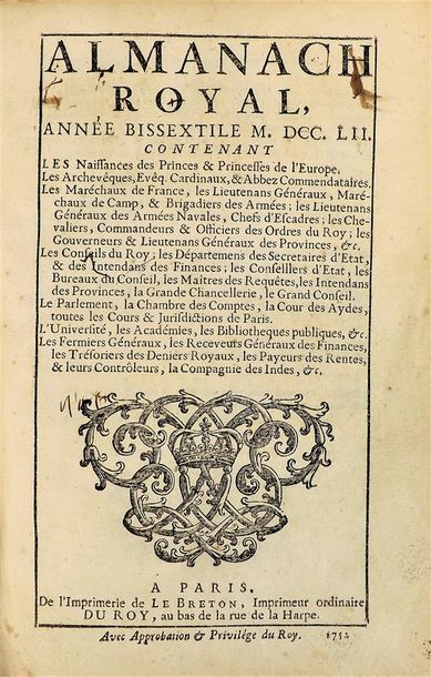 null ALMANACH ROYAL, leap year 1752. Paris, Le Breton, printer ordinaire du Roy,...