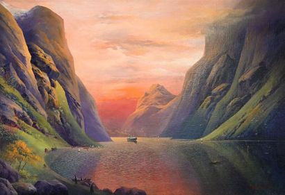 null Ecole SUISSE ou ALLEMANDE du XIXe siècle Soleil de minuit sur un fjord norvégien...