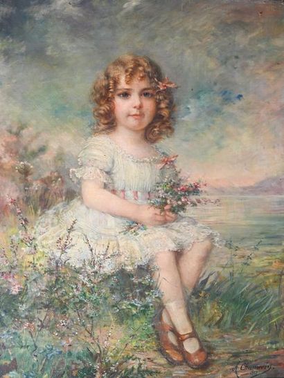 null Adèle CHAMECIN (XIXe siècle) Portrait d'une jeune fille en robe assise dans...