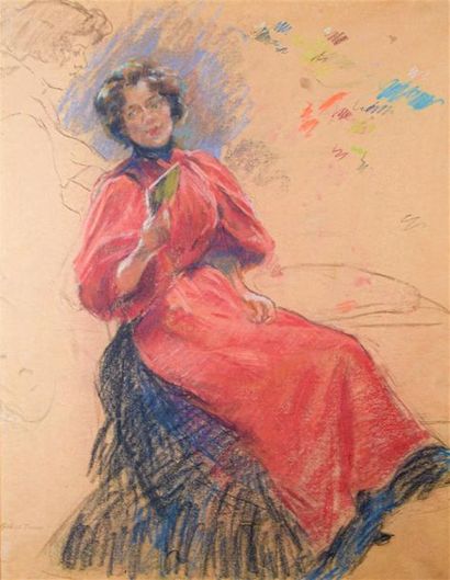 null Gabriel PERRIN (XIXe siècle) Élégante en rouge Pastel, cachet de l'artiste en...