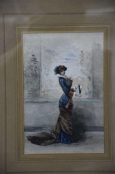 null H.Y. SOMIN (XIXe siècle) Elégante à l'éventail Aquarelle et gouache, signée...