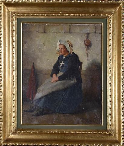 null Tancrède BASTET (1858-1942) Jeune femme assise en costume régional dans un intérieur...