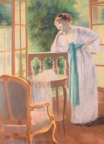 null V. DURAND (XXe siècle) Femme rêvant à la balustrade vue de son salon Pastel,...