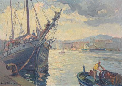 null Louis DUFOUR (Début du XXe siècle) Vue du Vieux Port de Marseille à l'aube Huile...