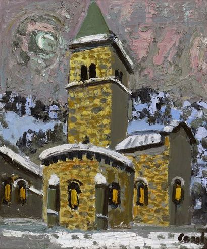 Jean COUTY (1907-1991) Jean COUTY (1907-1991) Église romane par temps de neige Huile...