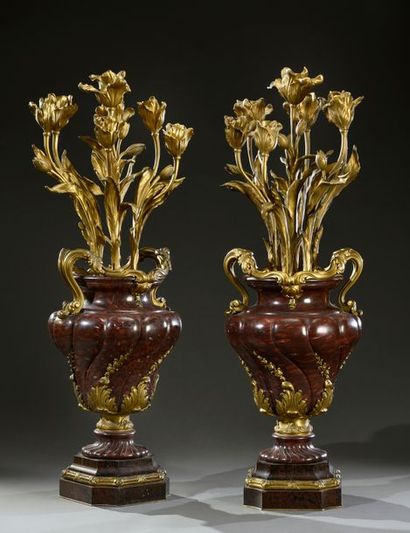 null Pair of large red Morello cherry marble torches in the shape of a baluster with...