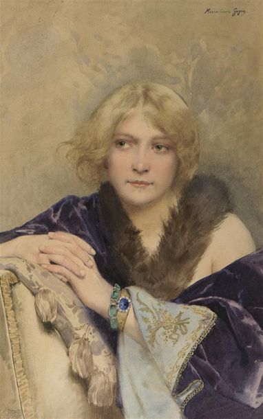 Maximilienne Goepp GUYON (1868-1903) Portrait de jeune femme aux yeux bleus.

Aquarelle.

H....