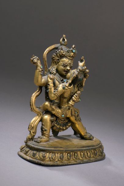null TIBET - XVIIIe siècle Statuette en bronze doré de Haybajra, forme de Heruka,...