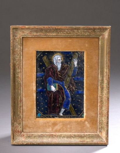 null Copper PLATE in polychrome enamel with gold highlights representing Saint Andrew,...