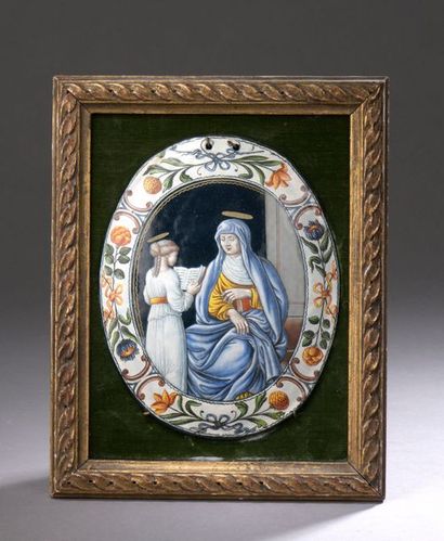 null Oval PLAQUE in painted polychrome enamel representing the Education of the Virgin...