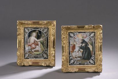 null TWO PLAQUES in painted polychrome enamel with gold highlights that can form...
