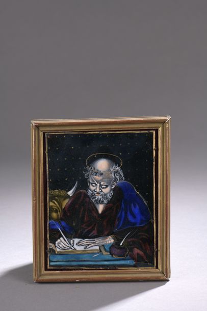 null PLAQUE in painted polychrome enamel with gold highlights representing the Evangelist...