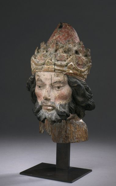 null HEAD OF GOD THE FATHER in carved, polychromed and gilded walnut, hollowed back...