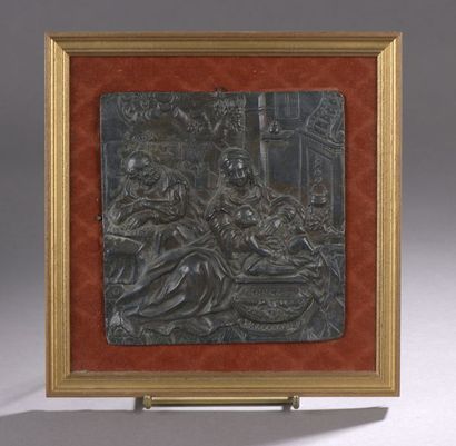 null PLAQUE in alloy of lead and tin representing the Holy Family in an interior...